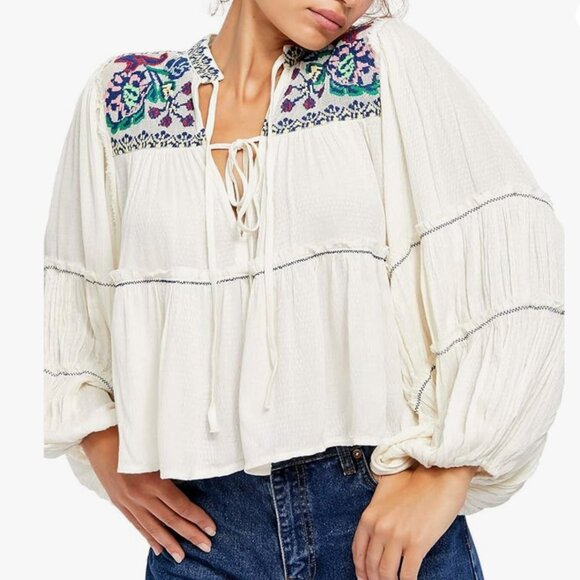 Free People Womens Embroidered Bishop Sleeves Blouse Size XL - Picture 1 of 7
